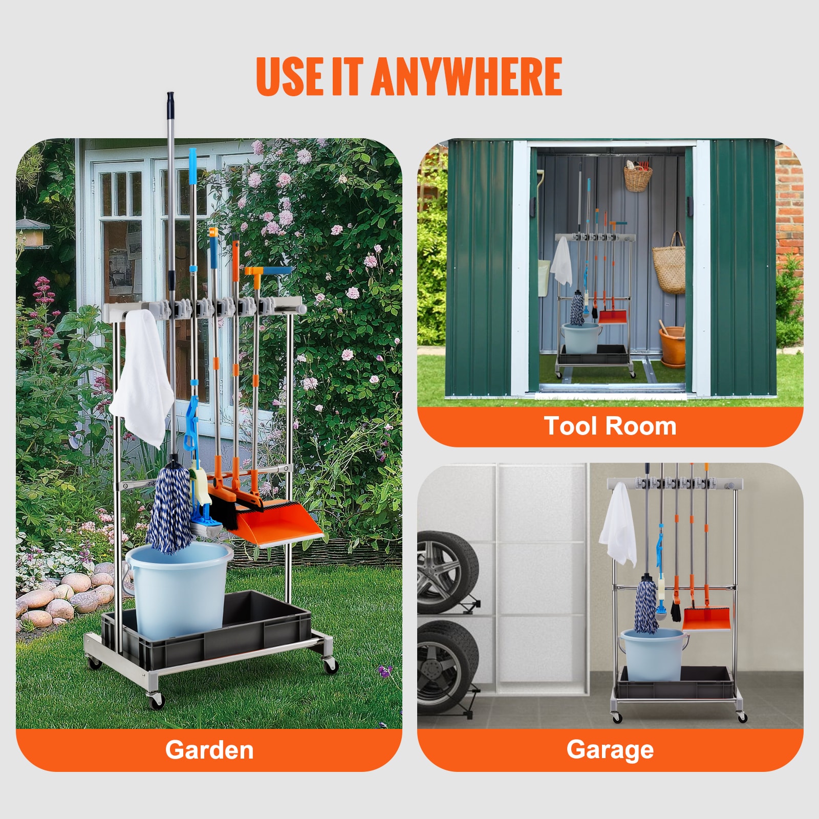 Garden Tool Organiser With Wheels For Garage Storage Rack_voghion.com